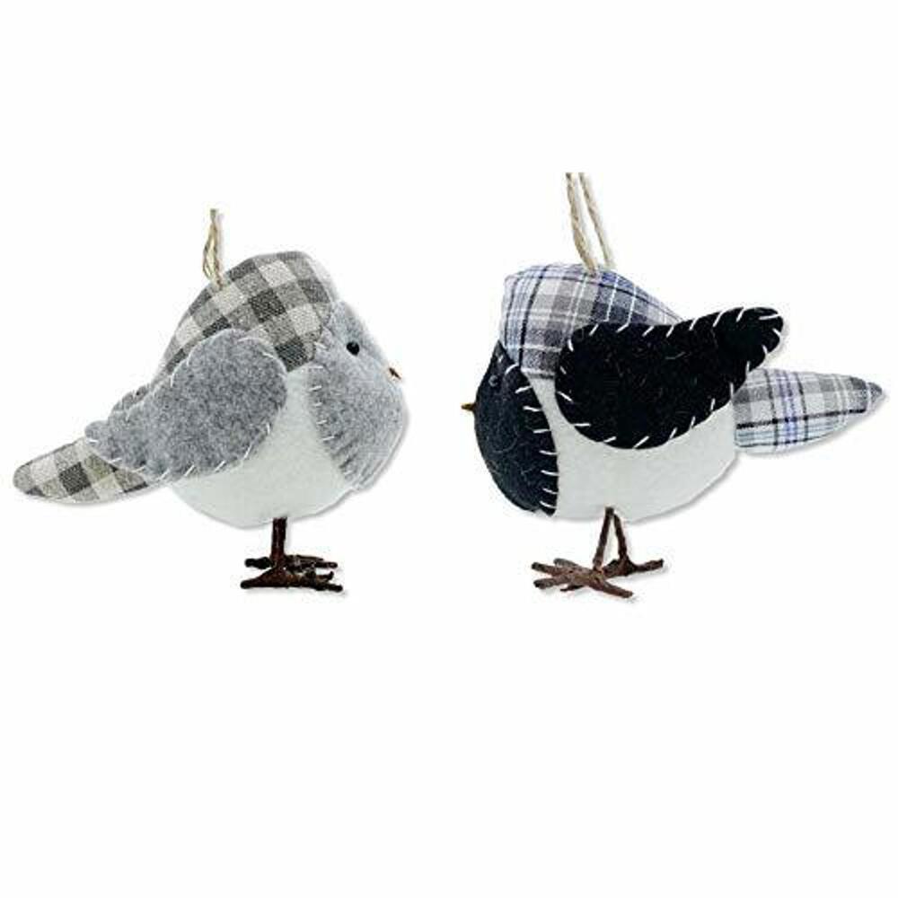 Farmhouse Birds Black White Gray Check Plaid - Holiday Tree Décor Set of 2